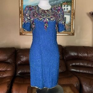 Sequins Formal Blue Dress Pure Silk Size 8